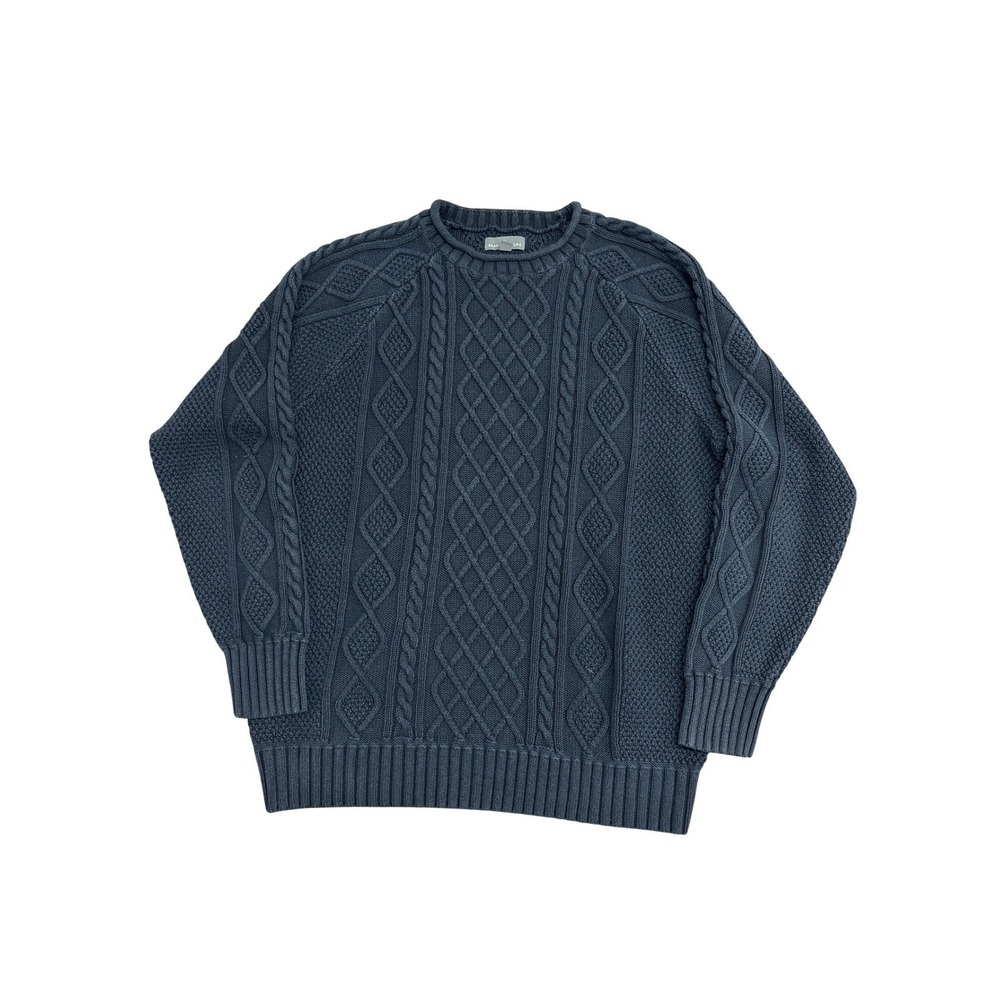 LL Bean Signature Mens XL Navy Blue Cable Knit Cotton Crew Neck Sweater Raglan
